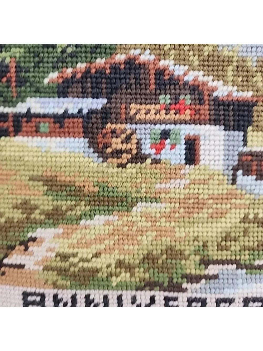 Vintage Alpine Lodge Mountain Cross Stitch Art Framed Landscape Anniversary